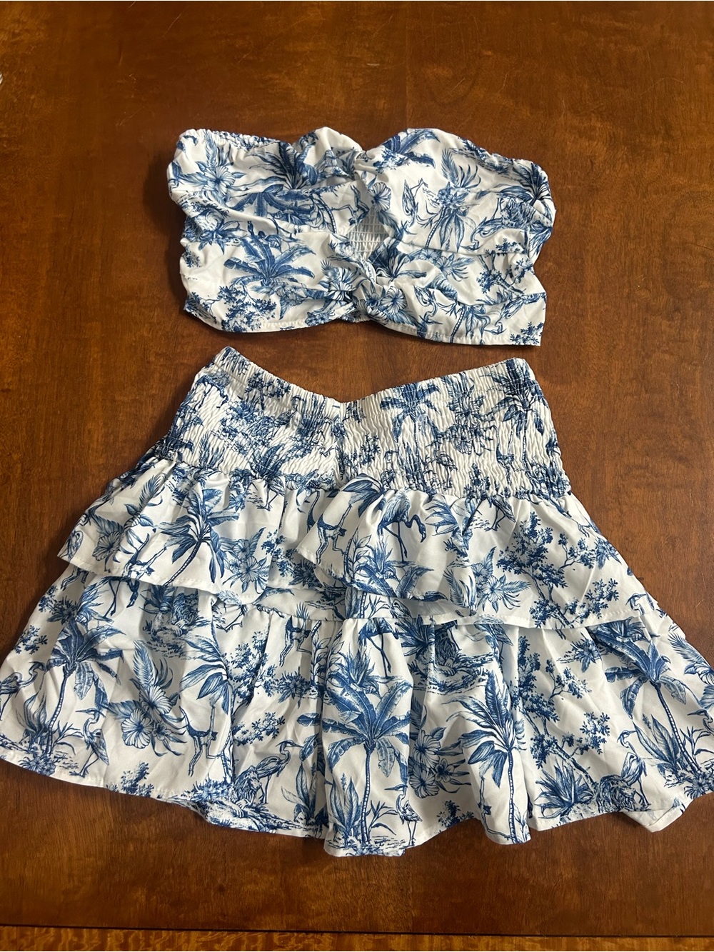 matching set! floral blue and white tiered ruffle skirt and tube top set